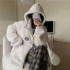 批发秋冬季羊羔毛连帽外套女<b class='q'>情侣</b><b class='q'>百搭</b>加绒加厚白色开衫宽松<b class='q'>大码</b>棉服女