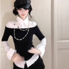 批发<b class='q'>假两件</b>翻领黑白衬衫女长袖<b class='q'>上衣</b>