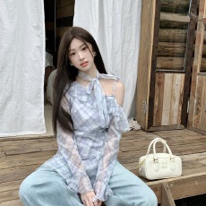 批发荷叶边裙摆长袖<b class='q'>雪纺</b>新法式不规则格子衬衫露肩上衣