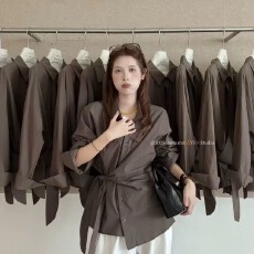 批发早<b class='q'>秋</b>新款韩系简约时尚翻领绑带长袖衬衫宽松休闲气质上衣