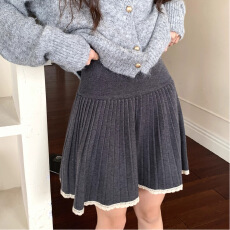 批发秋冬毛呢日系百褶裙新款<b class='q'>夏</b>季温柔花边蕾丝拼接半身裙高腰A字短裙