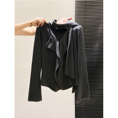 批发灰色不规则V领长袖衫女秋季新款设计感修身<b class='q'>小衫</b>打底内搭上衣