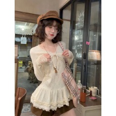 批发蝴蝶结系带木耳边<b class='q'>裙摆</b>长袖T恤女花边修身<b class='q'>上衣</b>