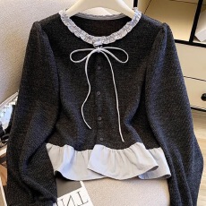 批发法式木耳边圆领长袖衬衫女早秋季2026新款假两件拼接荷叶裙摆上衣