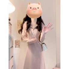 批发春秋新款初秋2025韩版小个子长裙韩系粉色连帽<b class='q'>卫衣</b>长袖连衣裙