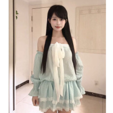 批发辣妹抹胸条纹蝴蝶结气质<b class='q'>连衣裙</b>收腰显瘦蓬蓬<b class='q'>可爱</b>