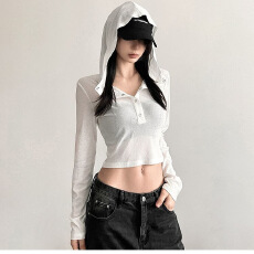 批发<b class='q'>欧美</b>高腰女长袖修身微透百搭设计感短上衣内搭潮