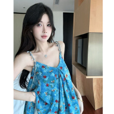 批发度假风复古蓝色<b class='q'>碎花</b>吊带背心夏季新款甜美荷叶边无袖辣妹海边上衣