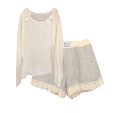 批发纯欲风斜肩女蕾丝高腰阔腿短<b class='q'>裤</b>早春chic套<b class='q'>装</b>