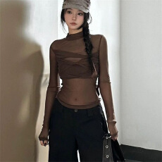 批发美式辣妹透视网纱拼接长袖t恤女
