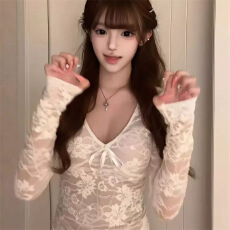 批发内里<b class='q'>网纱</b>   甜辣妹V领蕾丝蝴蝶结长袖T恤女