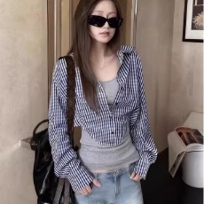 批发韩系假两件拼接<b class='q'>衬衫</b>女春秋新款<b class='q'>时尚</b>洋气<b class='q'>衬衣</b>小众独特别致漂亮上衣