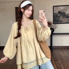 批发大码300斤法式绑带圆领蕾丝花边宽松长袖娃娃衫2025春秋显瘦上衣