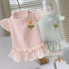 批发跨境宠物小花贴布花边华夫格飞袖裙子 泰迪约克夏比熊春夏秋<b class='q'>衣服</b>