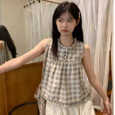 批发木耳边格子无袖衬衫女夏季新款甜美风宽松休闲减龄设计感上衣