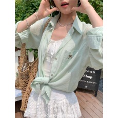 批发薄款防晒衬衫夏季慵懒风蝴蝶结刺绣微透长袖透气衬衫女