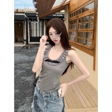 批发法式复古<b class='q'>条纹</b>蝴蝶结背心女夏修身上衣