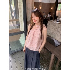 批发桃桃布蕾 波点甜美斜肩绑带显瘦背心露背无袖<b class='q'>上衣</b>女夏