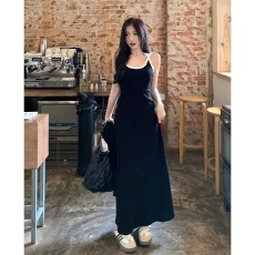 批发黑色吊带裙女夏季甜辣打底<b class='q'>连衣裙</b>小个子包臀长裙背心裙气质大摆裙
