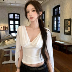 批发不规则V领<b class='q'>雪纺</b><b class='q'>短袖</b><b class='q'>T</b><b class='q'>恤</b>女夏季气质收腰修身短款纯欲上衣