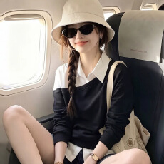 假两件衬衫长袖卫衣女款秋冬polo领打底上衣