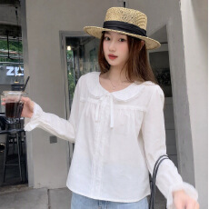 批发法式白色蕾丝拼接<b class='q'>娃娃领</b>长袖T恤女早秋泡泡袖方领系带度假风上衣