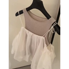 批发甜美风白色网纱花苞吊带小衫针织背心女高级感无袖上衣叠穿两件套