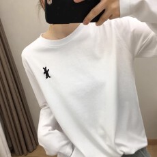 批发白色长袖t恤女2025新款宽松时尚百搭纯色<b class='q'>打底衫</b>休闲显瘦刺绣上衣