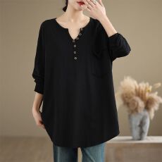 批发200克纯棉秋冬新款宽松<b class='q'>大码</b>小V领套头T恤衫纯色口袋长袖<b class='q'>打底衫</b>女