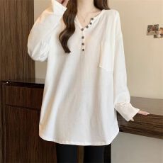 批发200克纯棉<b class='q'>大码</b>长款<b class='q'>打底衫</b>女春秋胖mm显瘦宽松白色v领长袖t恤上