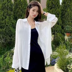 批发86人棉11涤3锦纶 新款日系小众长袖轻薄防晒衬衫女夏韩版宽松上衣