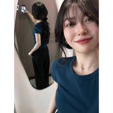 批发深蓝色美式<b class='q'>街头</b>修身短袖t恤女2026夏季爆款辣妹基础款纯棉小上衣