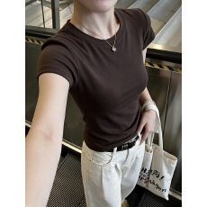 批发美式辣妹正肩咖啡色短袖t恤女夏季修身显瘦美拉德<b class='q'>打底衫</b>内搭上衣