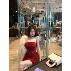 批发重工亮片性感无袖连衣裙女秋季宴会礼服裙高级感红色裙子包臀短裙