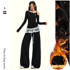 批发<b class='q'>松紧腰</b>抽绳宽松加绒裤秋冬直筒阔腿裤拖地休闲卫裤