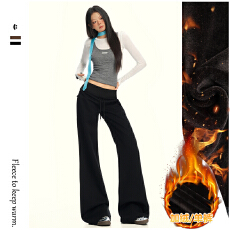 批发<b class='q'>松紧腰</b>抽绳设计宽松加绒裤秋冬直筒阔腿裤拖地休闲卫裤