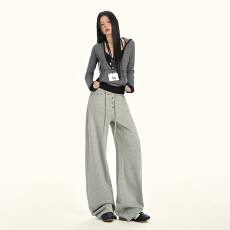 批发｜美式复古假门襟直筒卫裤<b class='q'>松紧腰</b>抽绳宽松阔腿休闲裤