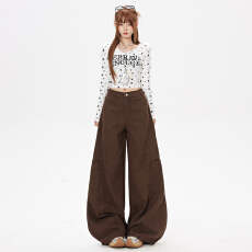 批发美式咖色阔腿牛仔裤女2025秋季新款高腰宽松显瘦百搭垂感直筒长裤