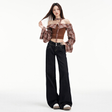 批发美式丹宁蓝低腰牛仔裤女2025<b class='q'>秋</b>季新款双扣宽松显瘦辣妹直筒微喇裤