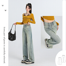 批发美式复古阔腿牛仔<b class='q'>裤</b>女2025春秋季设计感高腰宽松<b class='q'>显瘦</b>垂感直筒<b class='q'>裤</b>子