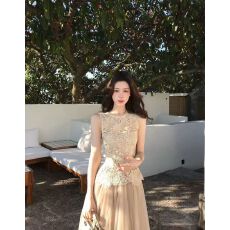 批发木子李的李温柔风无袖收腰镂空<b class='q'>蕾丝</b>亲肤上衣垂感网纱<b class='q'>半身裙</b>套装