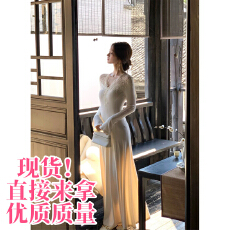批发从一时刻不知雪温柔氛围感蕾丝v领针织<b class='q'>连衣裙</b>收腰显瘦a摆长裙