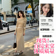 批发2025秋季菜菜木耳花裙小个子气质斜肩木耳飘带显瘦收腰连衣裙