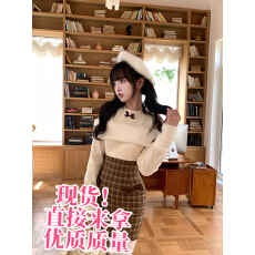 批发森女系原创想去海边 迷路小羊 针织拼接<b class='q'>可爱</b>棕色格子<b class='q'>连衣裙</b>