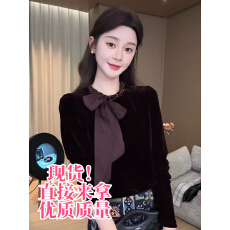 批发法式轻奢链条贝母蝴蝶结绑带千金风丝绒衬衫上衣