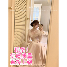 批发SISI JIANG“雪绒莓莓”千金气质蕾丝花边驼鸟毛针织显瘦<b class='q'>连衣裙</b>