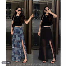 批发法式流行印花<b class='q'>雪纺</b>半身裙女夏季设计感复古开叉宽松高腰时尚中长裙