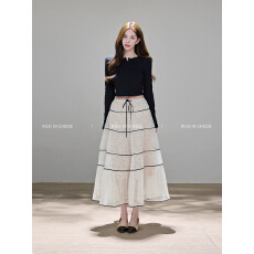 批发舒胡蕾 云间白月光 黑色长袖针织上衣女款重工绝美<b class='q'>蕾丝</b>半身裙套装