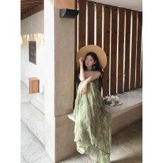 批发WalkinDark绿荷绿野仙踪<b class='q'>雪纺</b>吊带连衣裙送飘带+轻薄开衫外套