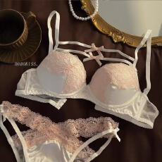 批发粉墨陷阱蝴蝶结细带蕾丝粉色内衣女士钢圈上托聚拢文胸罩套装